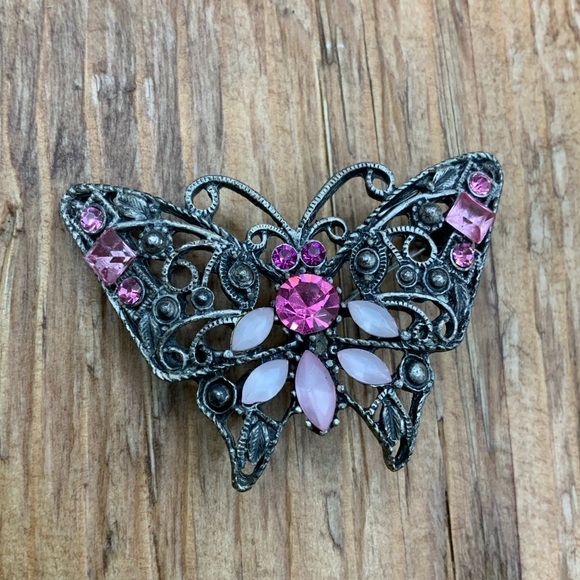 Source Unknown Jewelry - Butterfly Pink Rhinestone Gun Metal Filigree Brooch Pin